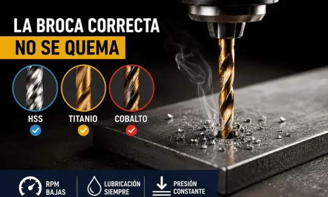 Broca HSS para que sirve: la broca correcta no se quema. Muestra brocas HSS, titanio y cobalto.