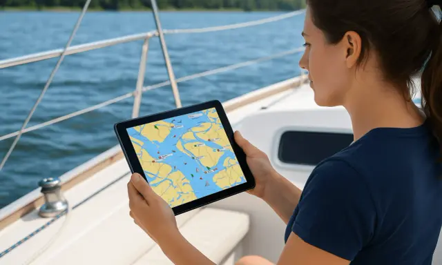 Une femme sur un voilier consulte une tablette affichant une carte marine avec des informations de trafic AIS français.
