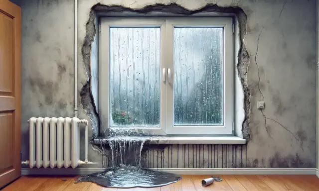 Una ventana con goteras y agua acumulada en el alféizar, evidenciando la falta de estanqueidad al agua en las ventanas.