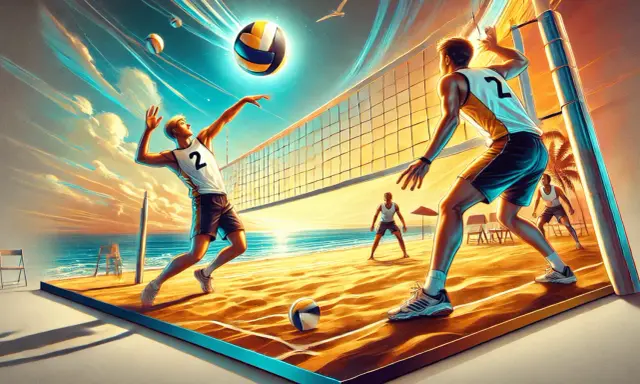 Dynamiczne przejścia w siatkówce na plaży. Gracze w akcji, piłka w powietrzu, zachód słońca.