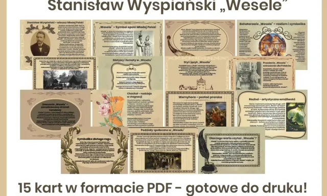 Ilustracja przedstawia kolaż z fragmentami analizy dramatu "Wesele" Stanisława Wyspiańskiego.