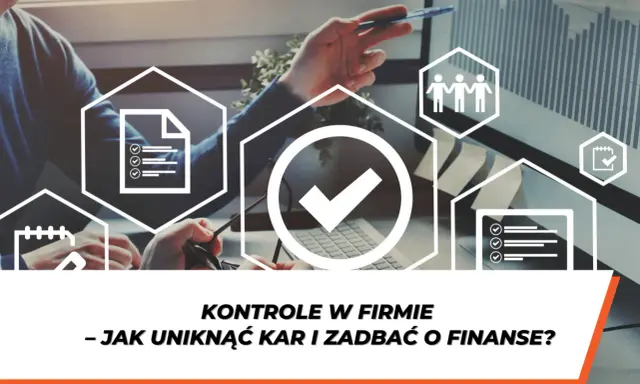 Przedsiębiorca analizuje dane, by uniknąć kontroli i zadbać o finanse firmy. Ikony symbolizują dokumenty, zespół i kalendarz.