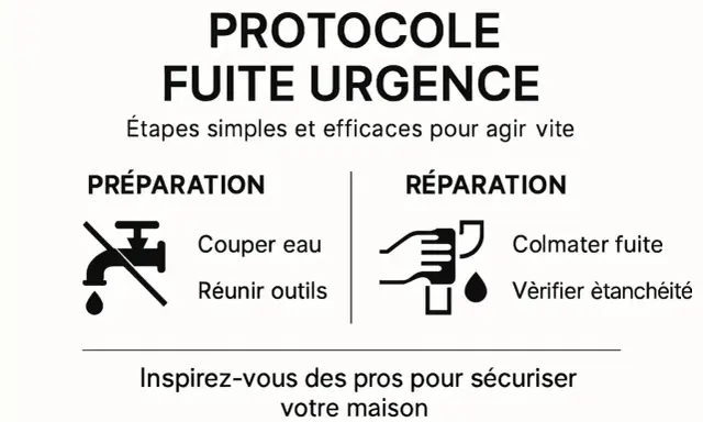 Protocole d'urgence pour colmater une fuite d'eau : préparation (couper l'eau, réunir outils) et réparation (colmater, vérifier l'étanchéité).