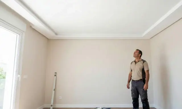 Un hombre admira el nuevo pladur techo con molduras decorativas.