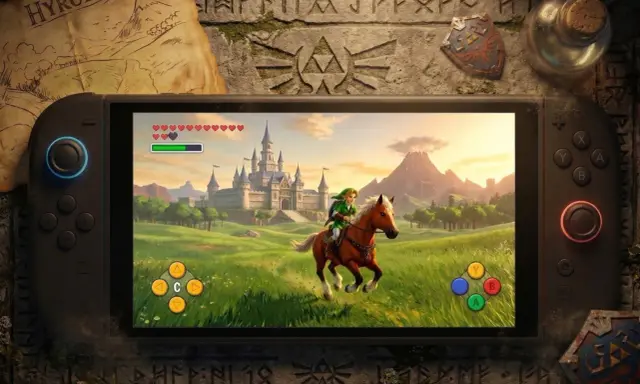 Link na koniu pędzi przez łąki w stronę zamku w grze Ocarina of Time na Switch.