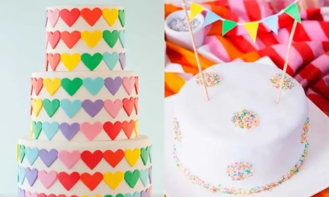 Ideas para decorar tartas: pastel de varios pisos con corazones de colores y pastel blanco con banderines y chispas.
