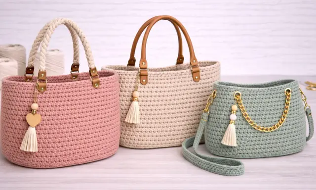 Tres bolsos de punto a dos agujas, uno rosa, uno beige y uno verde menta, con detalles de cuero, borlas y cadena dorada.