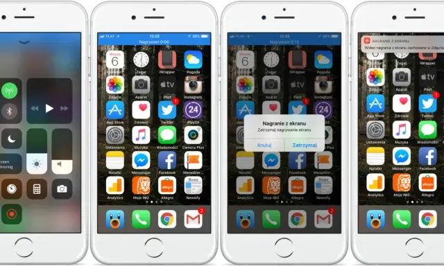 Nagrywanie ekranu na iPhonie. Widok centrum sterowania i ekranu głównego z powiadomieniem o zakończeniu nagrywania.