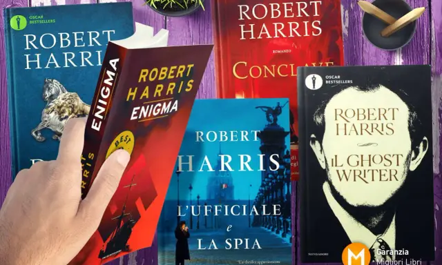 Mani che sfogliano libri di Robert Harris: "Enigma", "L'Ufficiale e la Spia", "Il Ghost Writer" e altri titoli.
