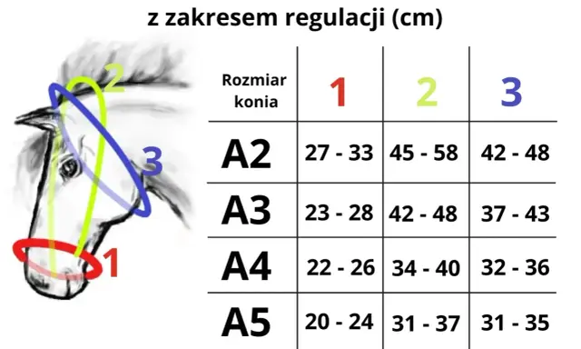 Tabela rozmiarów kantarów dla koni z zakresem regulacji (cm). Ilustracja pokazuje głowę konia z zaznaczonymi obszarami pomiaru.