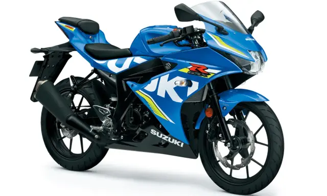 Niebieski motocykl sportowy Suzuki GSX-R 125 z białymi i żółtymi akcentami, gotowy na podbój dróg.