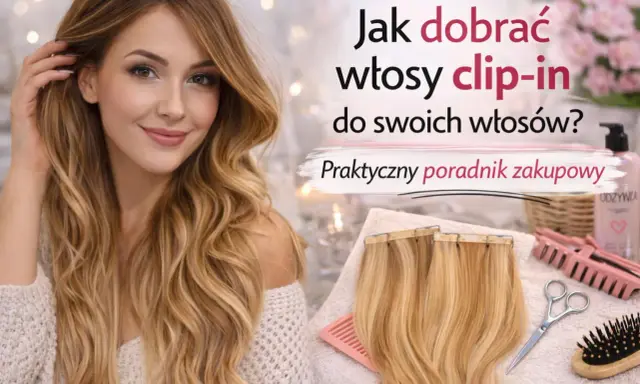 Kobieta z długimi, falowanymi włosami, obok pasma doczepianych włosów clip-in. Poradnik zakupowy dotyczący zabiegów na włosy.