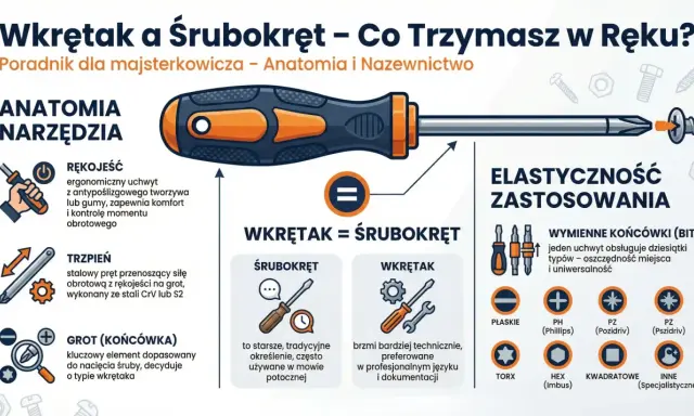 Ilustracja pokazuje śrubokręt z wymiennymi końcówkami (bity), wyjaśniając różnice między "wkrętakiem" a "śrubokrętem" oraz rodzaje grotów.