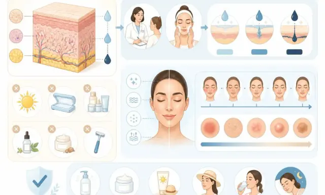 Illustration expliquant le peeling et les soins de la peau, montrant les couches cutanées, les étapes d'un traitement, les problèmes de peau et les bonnes pratiques.