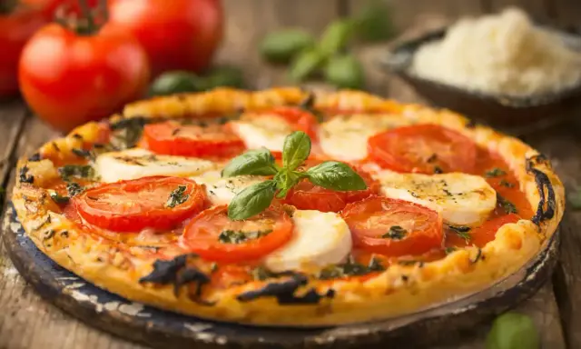 Délicieuse tarte tomate mozza, garnie de basilic frais et de tomates juteuses, prête à être dégustée sur un fond rustique.