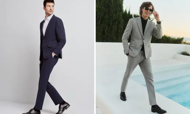 Elegancki granatowy garnitur i szary, nowoczesny zestaw – inspiracje, jak ubrać się na wesele mężczyzna.