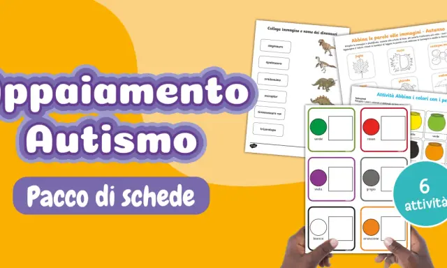 Pacchetto di schede per bambini autistici con attività di abbinamento immagini, parole e colori.