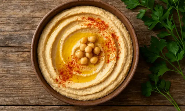 Cremiger Hummus in einer Schale, garniert mit Kichererbsen, Olivenöl und Paprikapulver. Ein gesunder Snack, der wenig Hummus Kalorien hat.