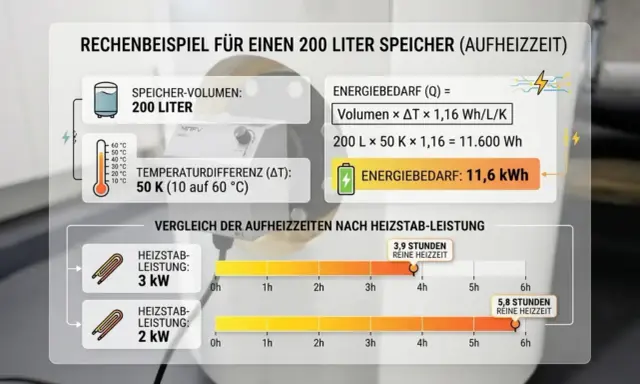 Berechnungsbeispiel für einen 200-Liter-Speicher: Ein elektrischer Warmwasserbereiter mit 3 kW Heizstab benötigt 3,9 Stunden.