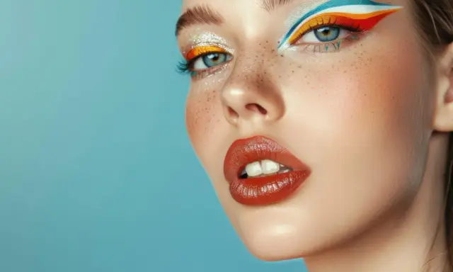 Ojo con delineado gráfico vibrante en tonos naranja, amarillo y azul. Labios rojos brillantes y pecas sutiles.