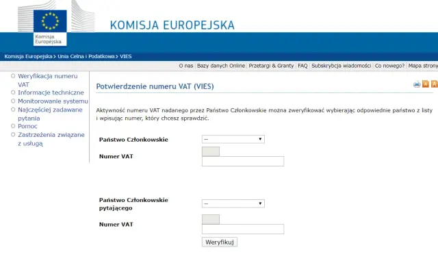 Formularz do weryfikacji numeru VAT w systemie VIES. Wybierz państwo i wpisz numer VAT, aby sprawdzić jego ważność.