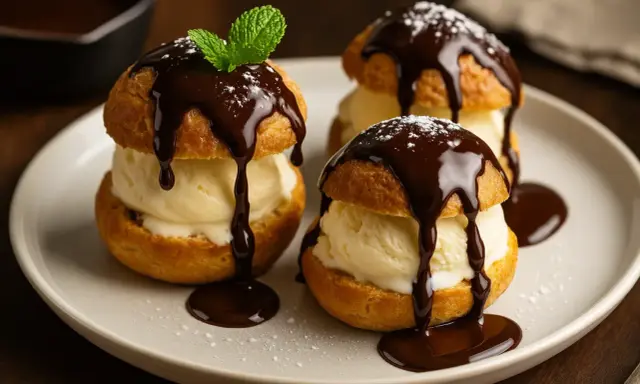 Trois profiteroles au chocolat, garnies de glace à la vanille et d'une sauce au chocolat onctueuse, saupoudrées de sucre glace et d'une feuille de menthe.