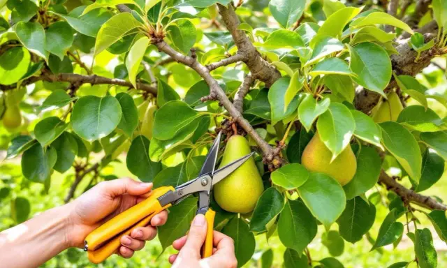 Des mains tiennent des cisailles jaunes pour apprendre comment tailler un poirier, près de poires mûres.