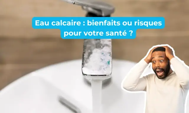 Un homme paniqué devant un robinet entartré. L'eau calcaire, est-ce bon ou mauvais pour votre santé ?