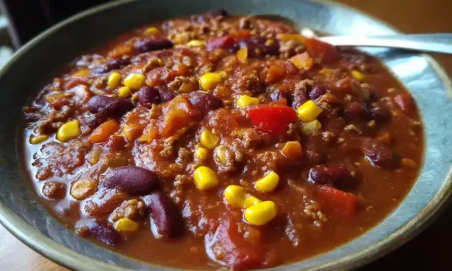 En skål med mustig chili con carne, perfekt för ett värmande chili recept. Full med bönor, majs och köttfärs.