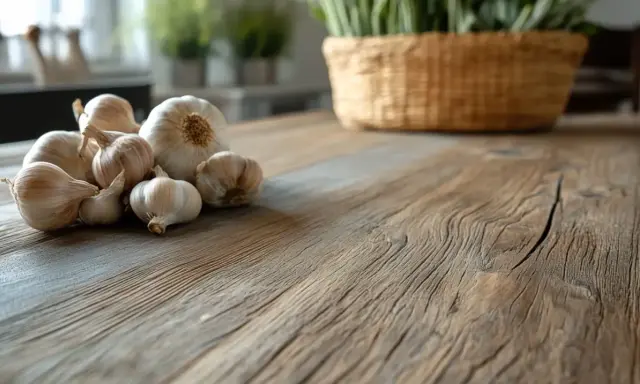 Główki czosnku na drewnianym stole. Czy czosnek szkodzi na nerki? Warto to sprawdzić, zanim dodasz go do potraw.