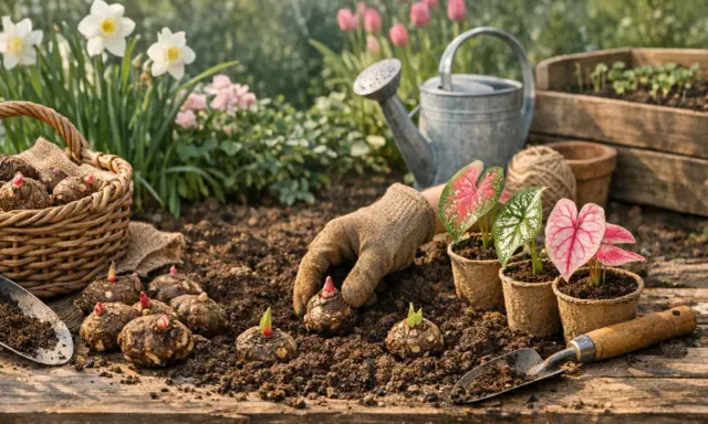 Maintenant, on plante des bulbes, peut-être une future fleur de ronce, dans la terre fertile. Des jeunes pousses émergent déjà.