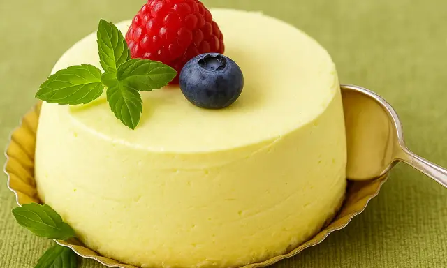 Délicieuse panna cotta mangue, garnie d'une framboise, d'une myrtille et de feuilles de menthe, prête à être dégustée avec une cuillère.