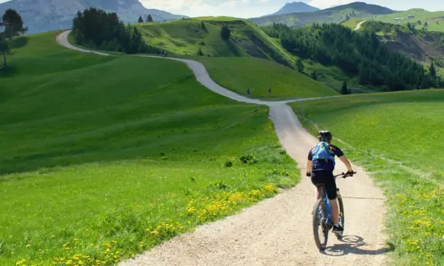 Rowerzysta przemierza malowniczą dolnośląską krainę rowerową, wśród zielonych wzgórz i kwitnących łąk.