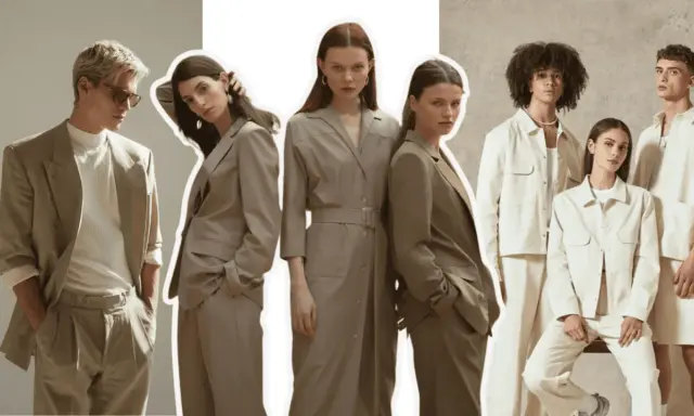 Models showcase gender fluid fashion in neutral-toned suits and jackets, blurring traditional style lines.