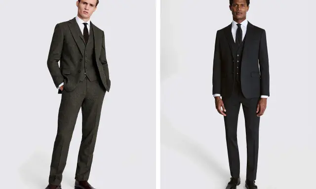 Two men in suits, showcasing options for what to wear to graduation male. One in a textured green suit, the other in a classic black suit.