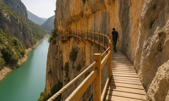 Un excursionista camina por las escaleras de Montfalcó, un sendero de madera que serpentea por un acantilado sobre un río turquesa.