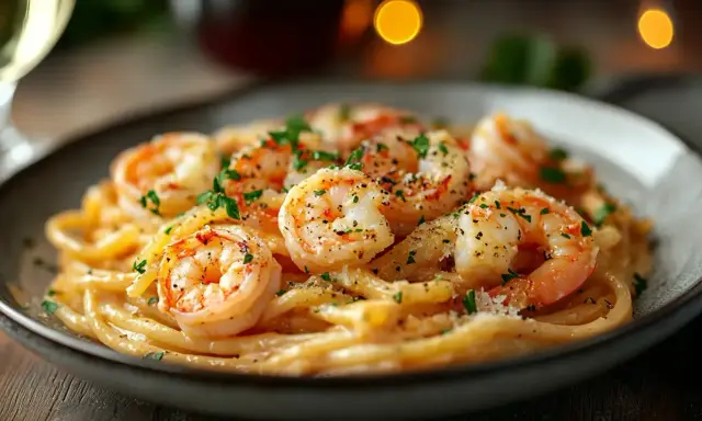 Pyszny makaron z krewetkami, posypany natką pietruszki i parmezanem, podany na talerzu.