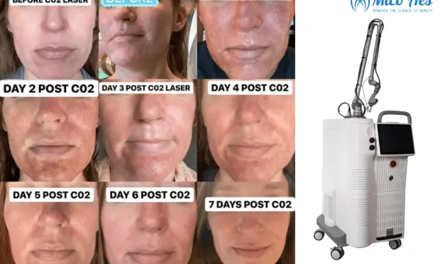 Progressione del viso prima e dopo il trattamento laser CO2 frazionato, mostrando il recupero in 7 giorni. Le recensioni confermano l'efficacia.