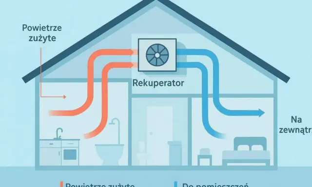 Schemat wentylacji mechanicznej z odzyskiem ciepła (rekuperator) w domu. Pokazuje obieg powietrza zużytego i świeżego.