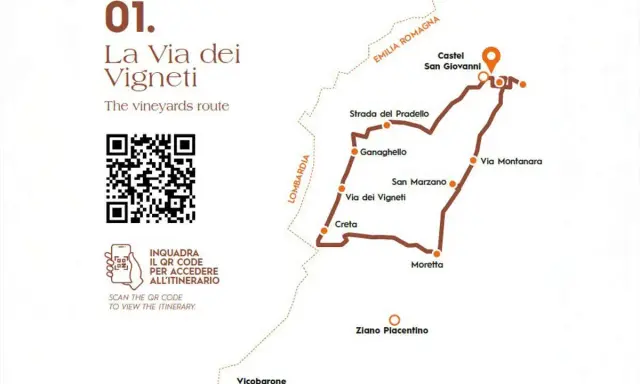 Mappa del percorso "La Via dei Vigneti" in Emilia Romagna, con tappe da Castel San Giovanni a Ziano Piacentino. Ideale per un viaggio enogastronomico.