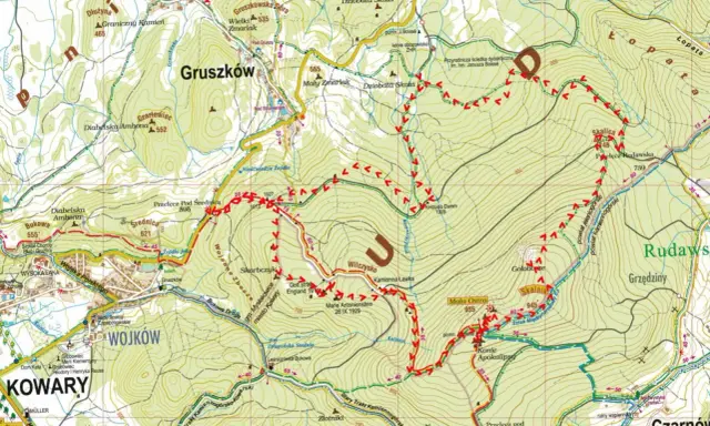 Mapka turystyczna z zaznaczonymi **rudawy janowickie szlaki**. Widoczne szczyty, doliny, strumienie i miejscowości.