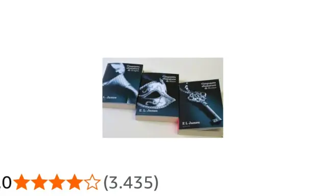 I tre libri della saga "Cinquanta sfumature", quale il primo, con copertine iconiche: un corsetto, una maschera e una chiave.