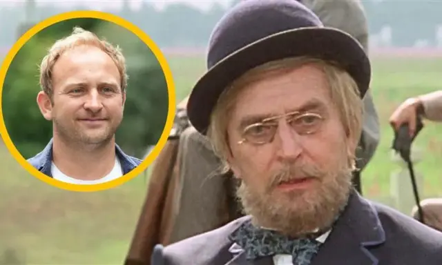 Portret mężczyzny w okularach i meloniku obok portretu młodszego mężczyzny w okręgu.