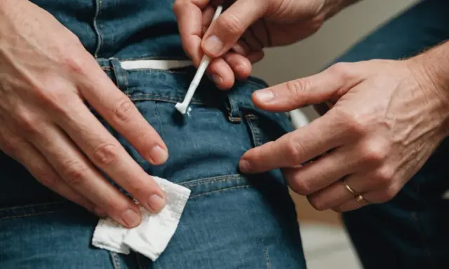 Ręce próbują usunąć super glue z dżinsów za pomocą patyczka i chusteczki. Dowiedz się, jak usunąć super glue z ubrania.