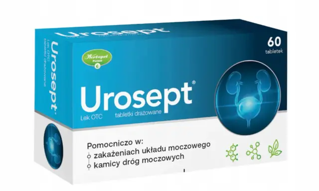 Opakowanie leku Urosept z grafiką układu moczowego i informacją o 60 tabletkach.
