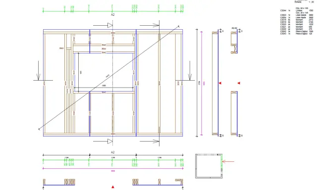 Plan ossature bois gratuit : vue en coupe d'un mur avec détails de dimensions et liste des pièces en bois.