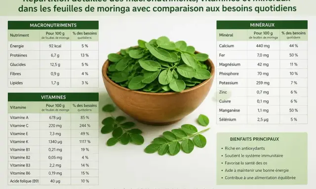 Feuilles de moringa dans un bol, avec un tableau détaillant les macronutriments, vitamines, minéraux et les bienfaits principaux du moringa.