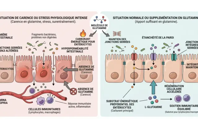 En cas de carence en glutamine, l'intestin devient perméable. L'apport de glutamine maintient l'intégrité intestinale et soutient le système immunitaire.