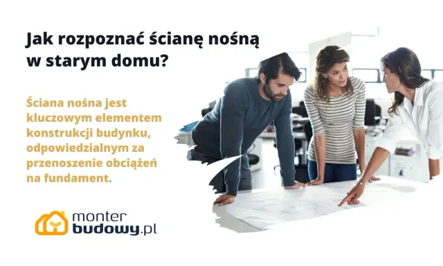 Jak rozpoznać ścianę nośną w starym domu? Trzy osoby analizują plany, by zidentyfikować kluczowy element konstrukcji.