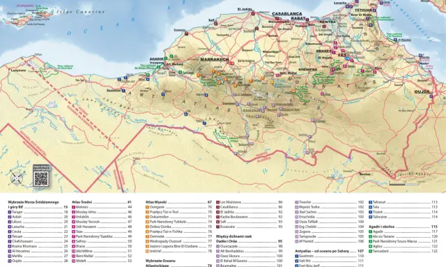 Mapa Maroka z zaznaczonymi atrakcjami, miastami i parkami narodowymi. Doskonały przewodnik po podróży.
